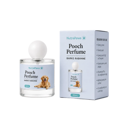 NutraPaws Barko Rabanne Pooch Perfume 50mL bottle with a white spherical cap next to its light blue packaging box, featuring a golden retriever graphic on the label.