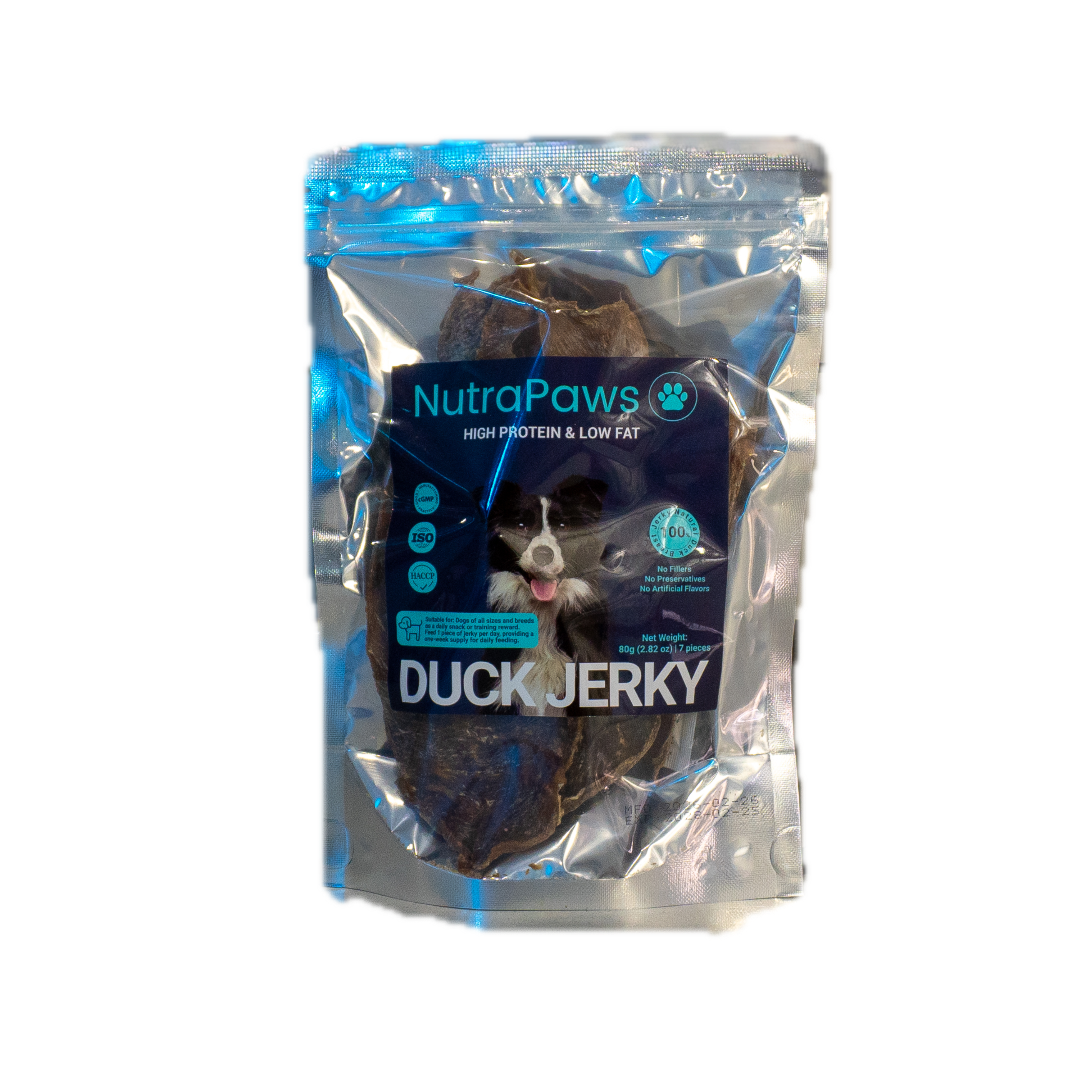 NutraPaws Duck Jerky package on a white background