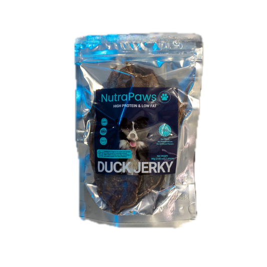 NutraPaws Duck Jerky package on a white background