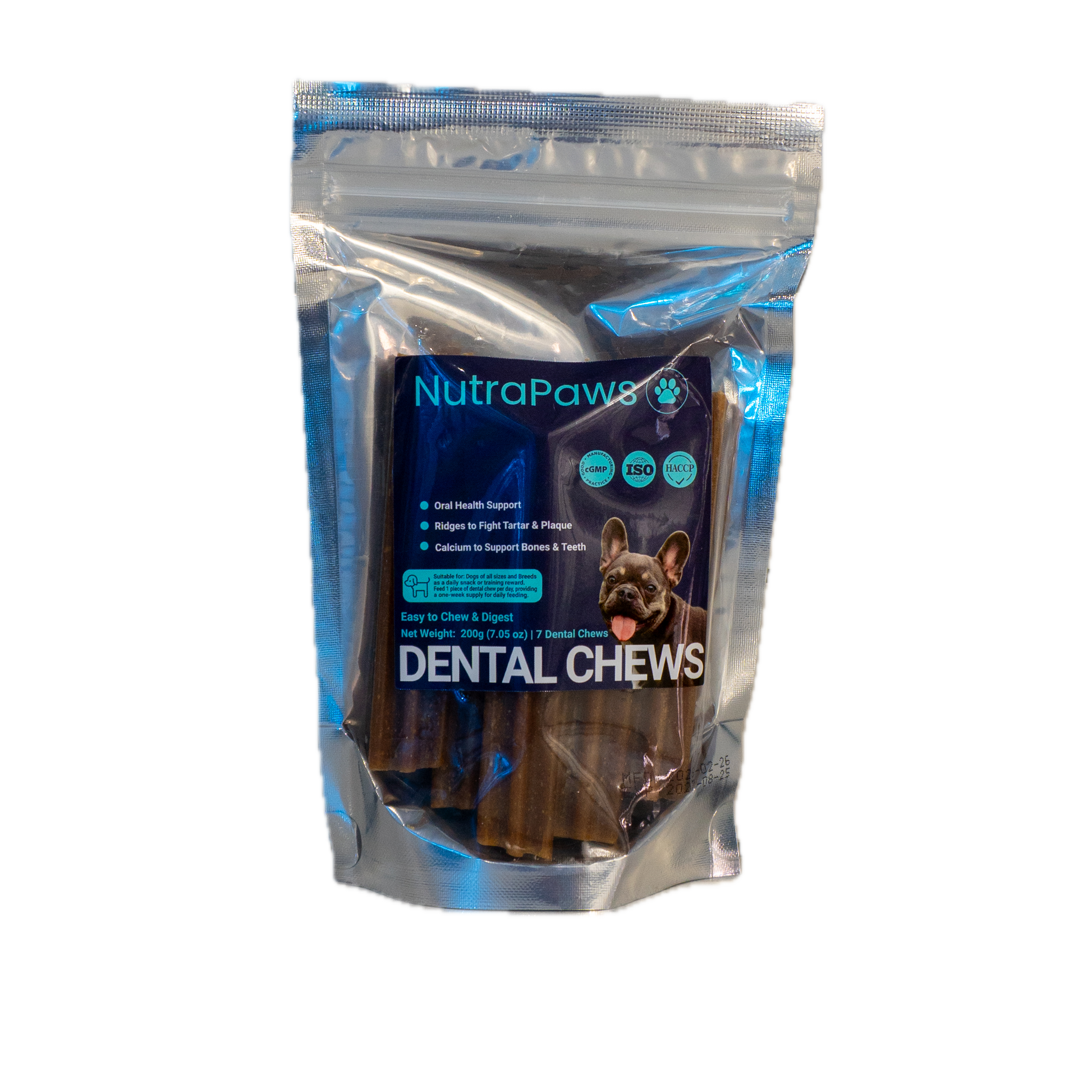 Clear packaging of NutraPaw Dental Chews with a dog illustration on a white background