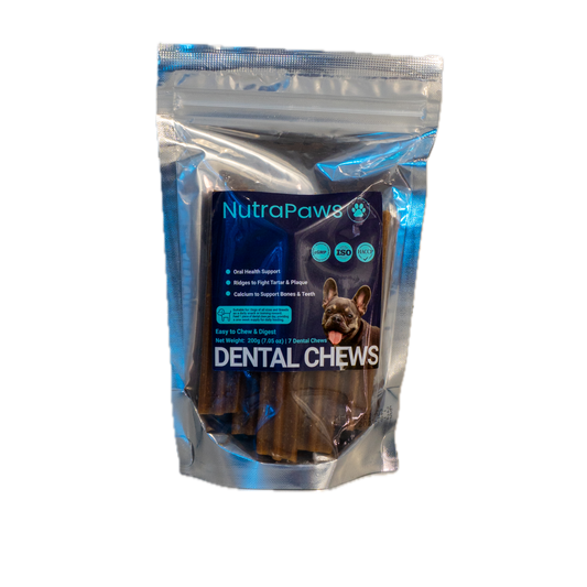 Clear packaging of NutraPaw Dental Chews with a dog illustration on a white background