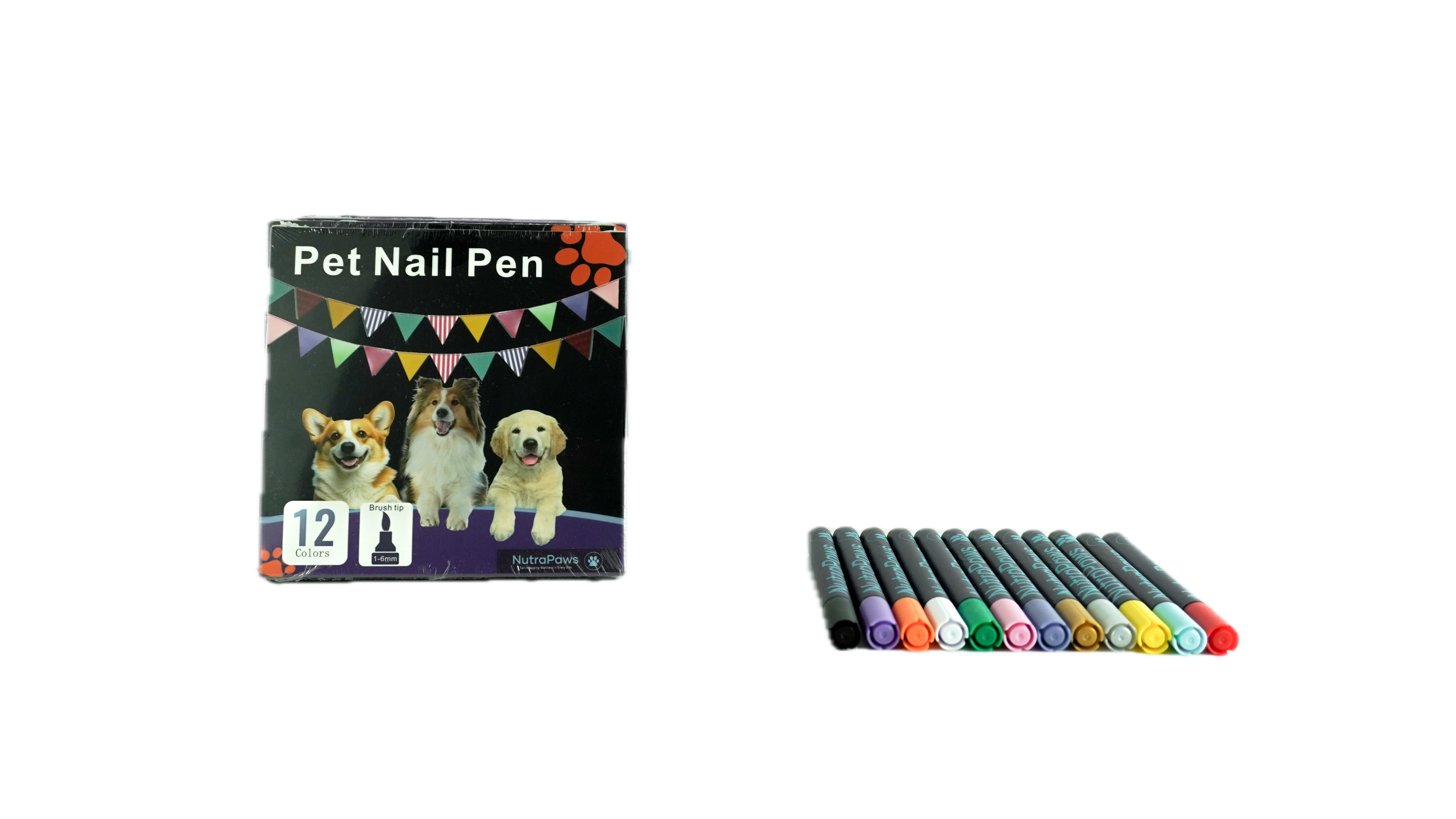 Pet nail pen set with colorful pens and packaging featuring dogs.