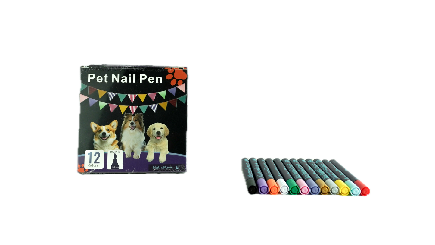 Pet nail pen set with colorful pens and packaging featuring dogs.