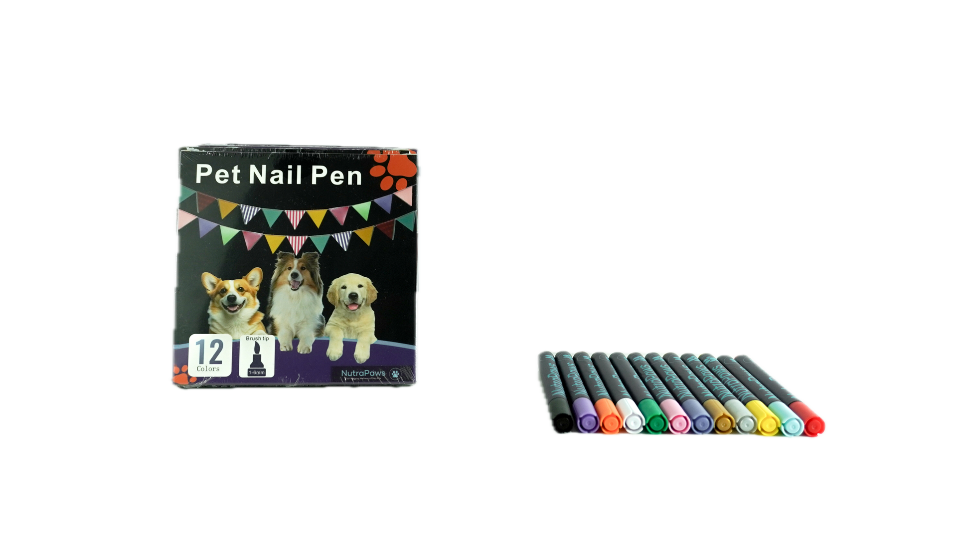 Pet nail pen set with colorful pens and packaging featuring dogs.
