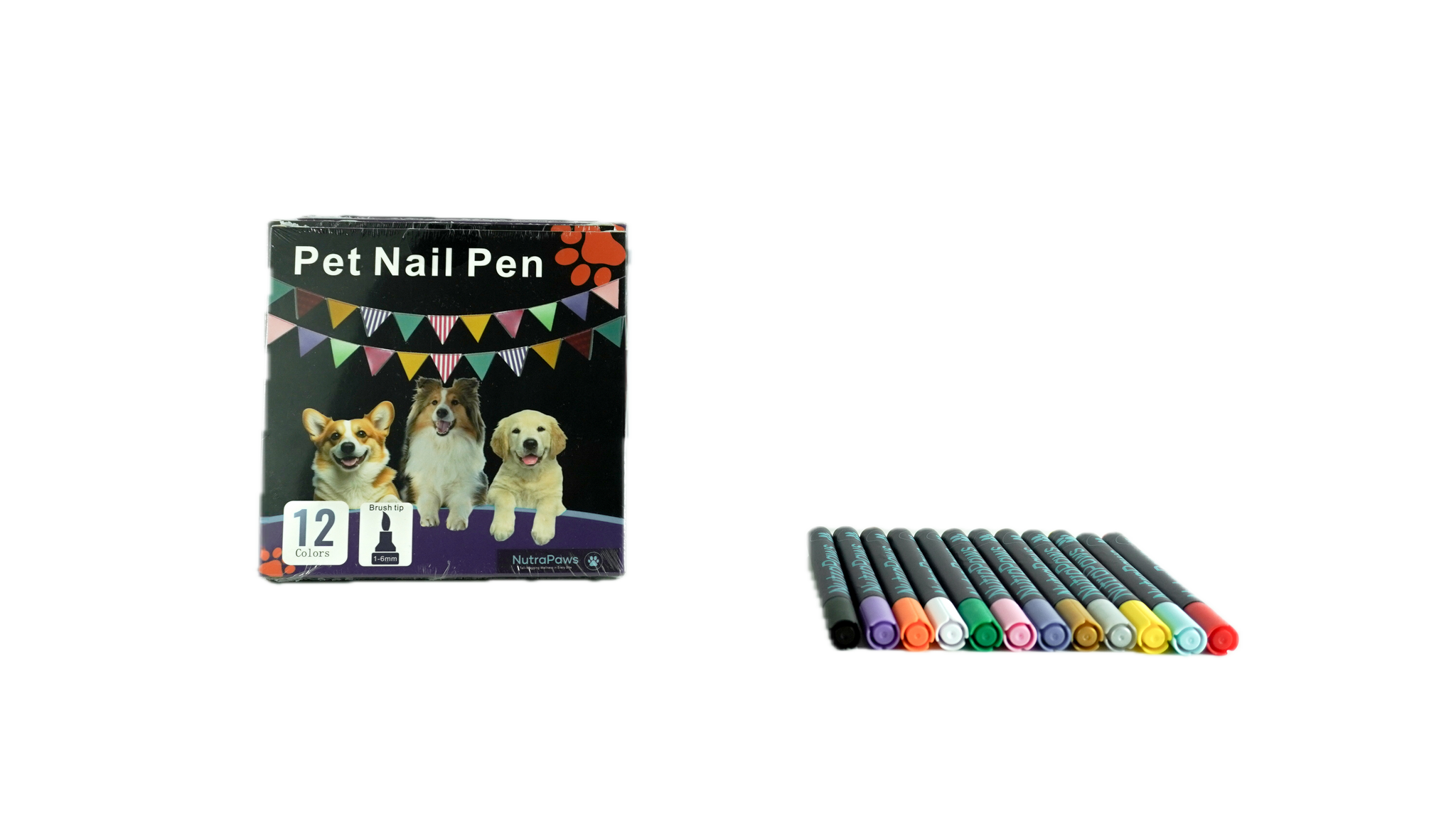 Pet nail pen set with colorful pens and packaging featuring dogs.