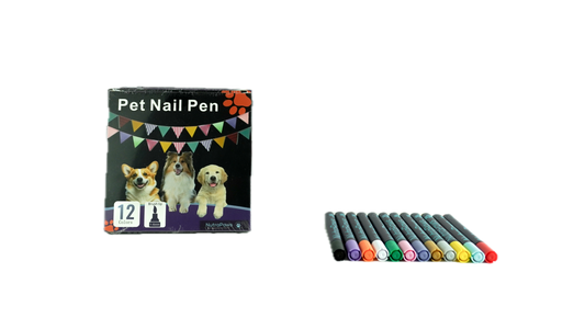 Pet nail pen set with colorful pens and packaging featuring dogs.