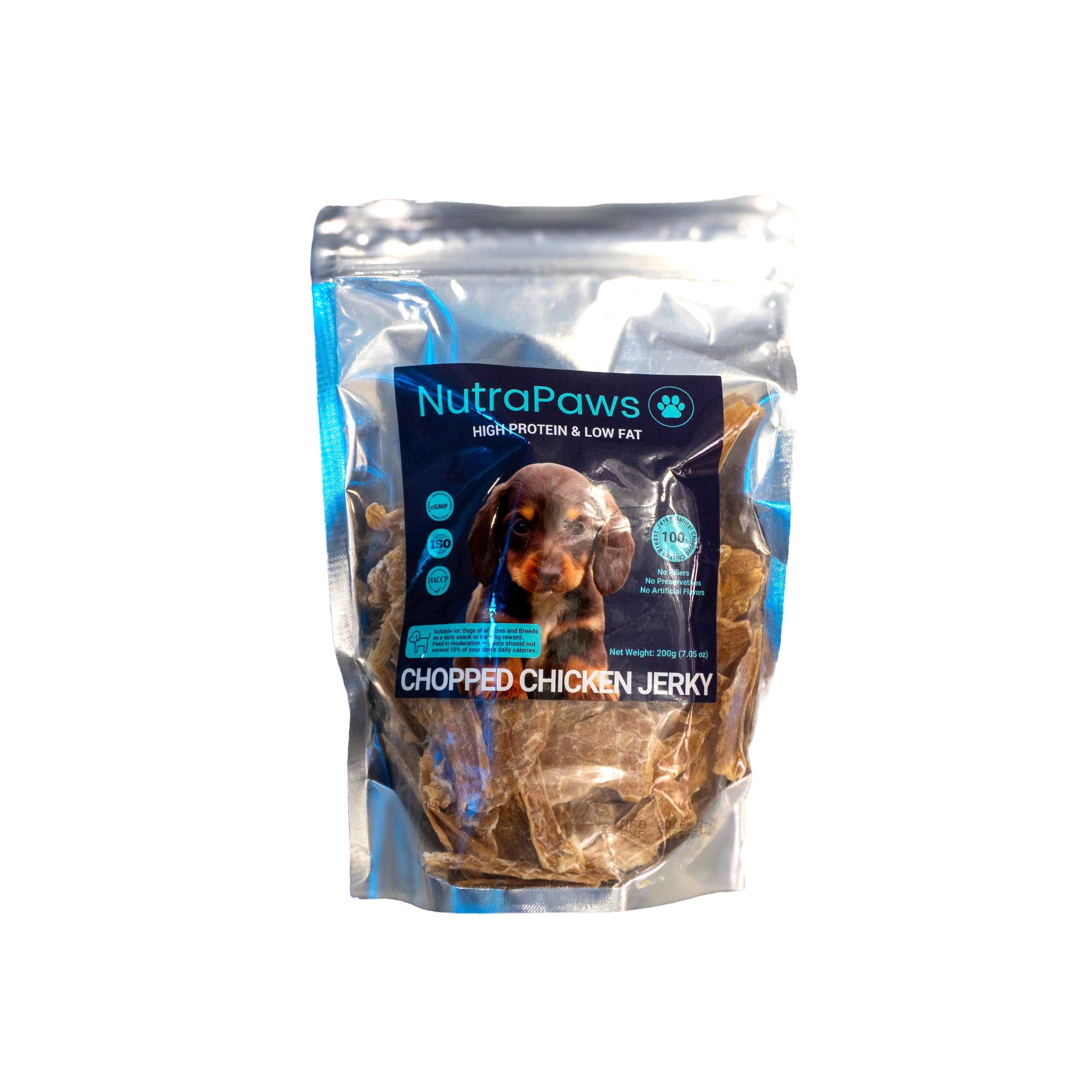 Package of NutraPaws Chopped Chicken Jerky for dogs on a white background