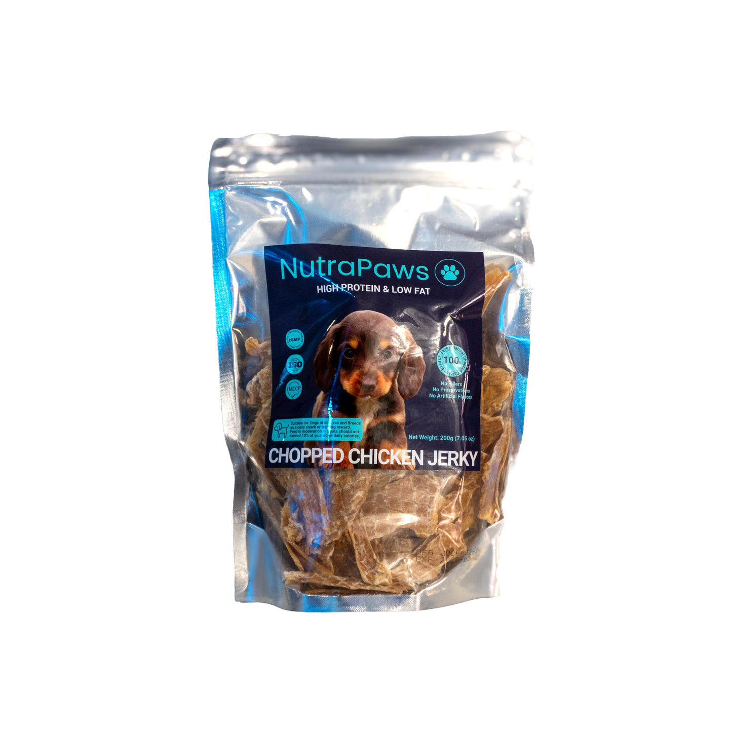 Package of NutraPaws Chopped Chicken Jerky for dogs on a white background