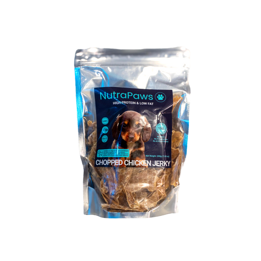 Package of NutraPaws Chopped Chicken Jerky for dogs on a white background